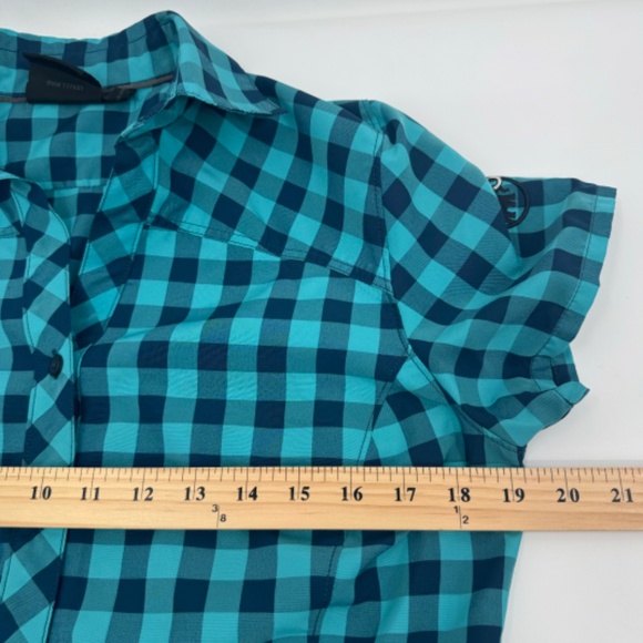 Mammut Top Women Medium Blue Plaid Check Button Up Short Sleeves Lightweight - Picture 8 of 10